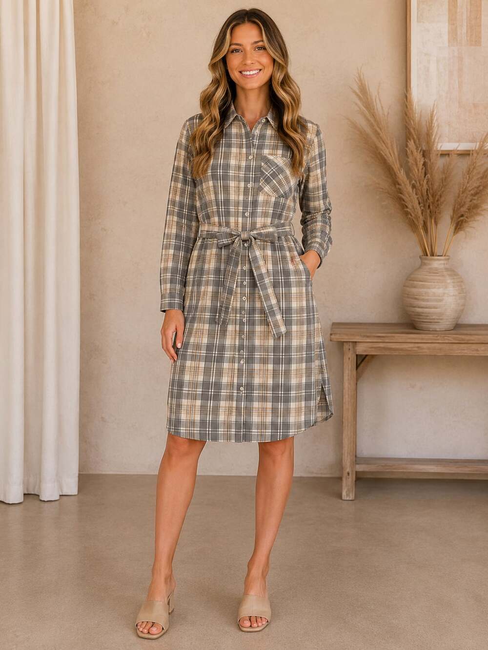 Sweet Salt Plaid Midi Shirt Dress Tie Waist Long Sleeve Cotton Size 2